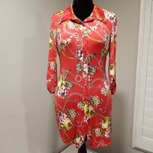 GIBIU ORANGE | GOLD CHAIN PRINT STRETCH SHIRT MINI DRESS WOMEN SIZE M